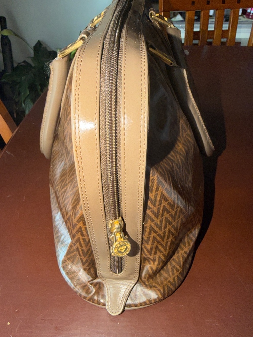 Valentino Brown Monogram Satchel with Gold Hardware - Picture 7 of 12